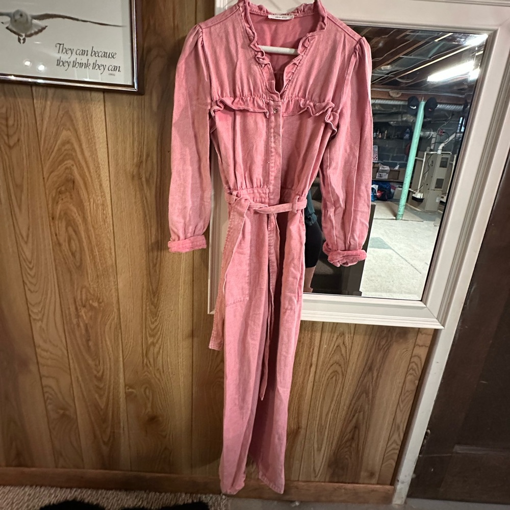 These Three Pink Denim Ruffled Jumpsuit